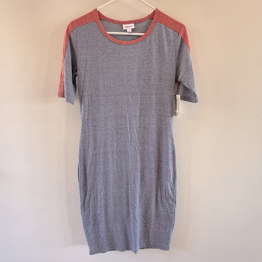 Gray and Red Short Sleeve Shirt Dress